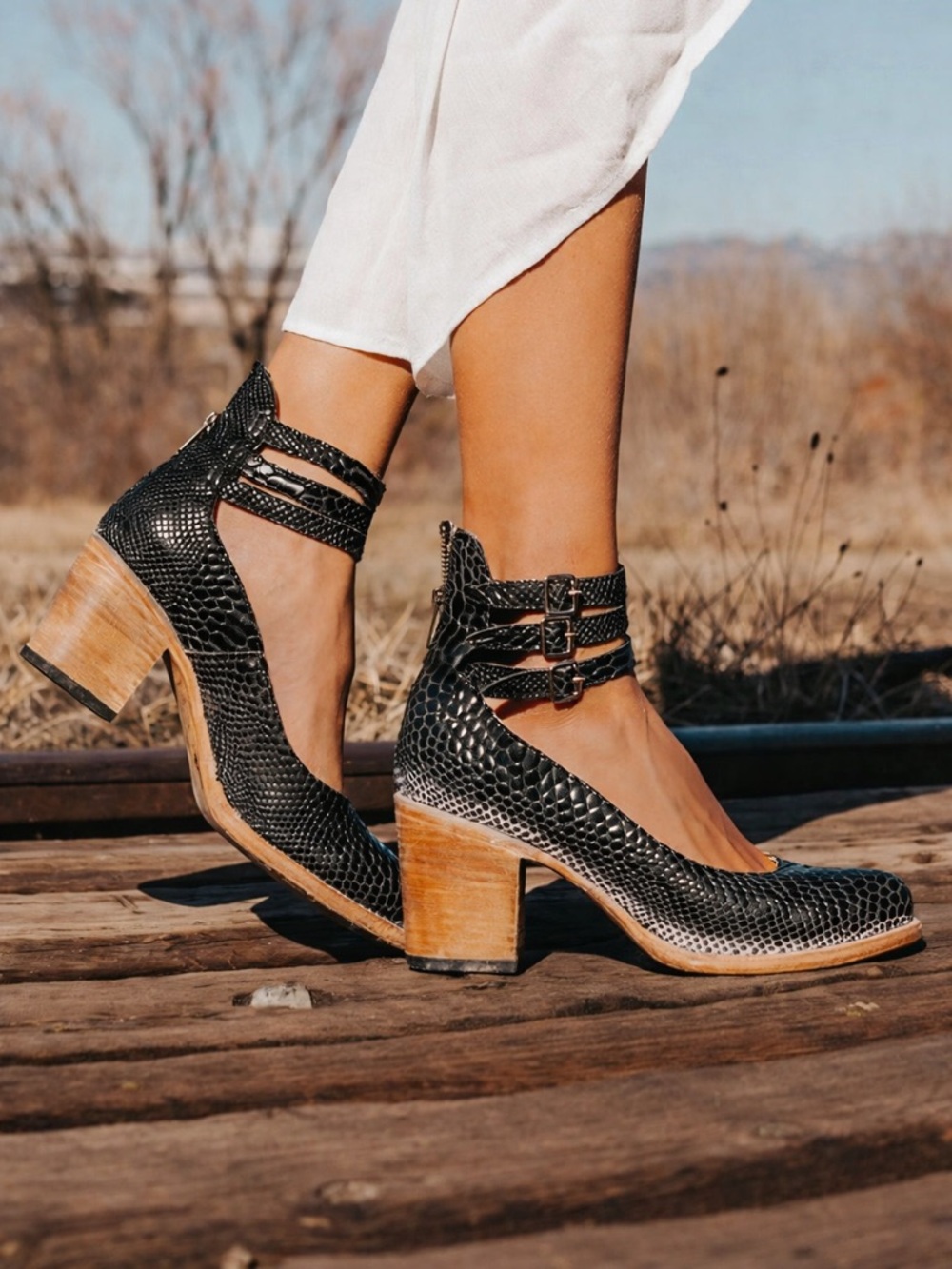 Freebird by Steven Black Croc-Embossed Ankle Strap Block Heel Booties